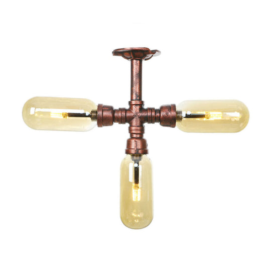 Industrial Style Amber Glass Semi Flush Mount Ceiling Light With Weathered Copper Finish - 3/4/5
