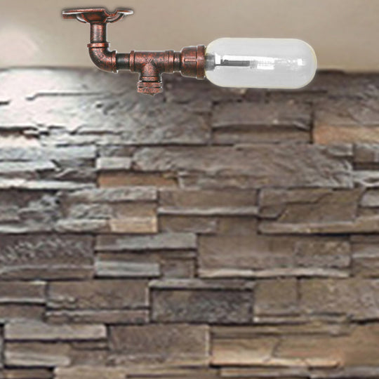 Rustic Copper Single Light Industrial Ceiling Fixture With Clear Glass Capsule Shade And Pipe
