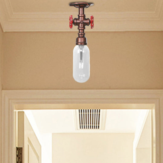 Industrial Bathroom Semi Flush Ceiling Light Fixture With Clear Glass Oval Shade In Weathered