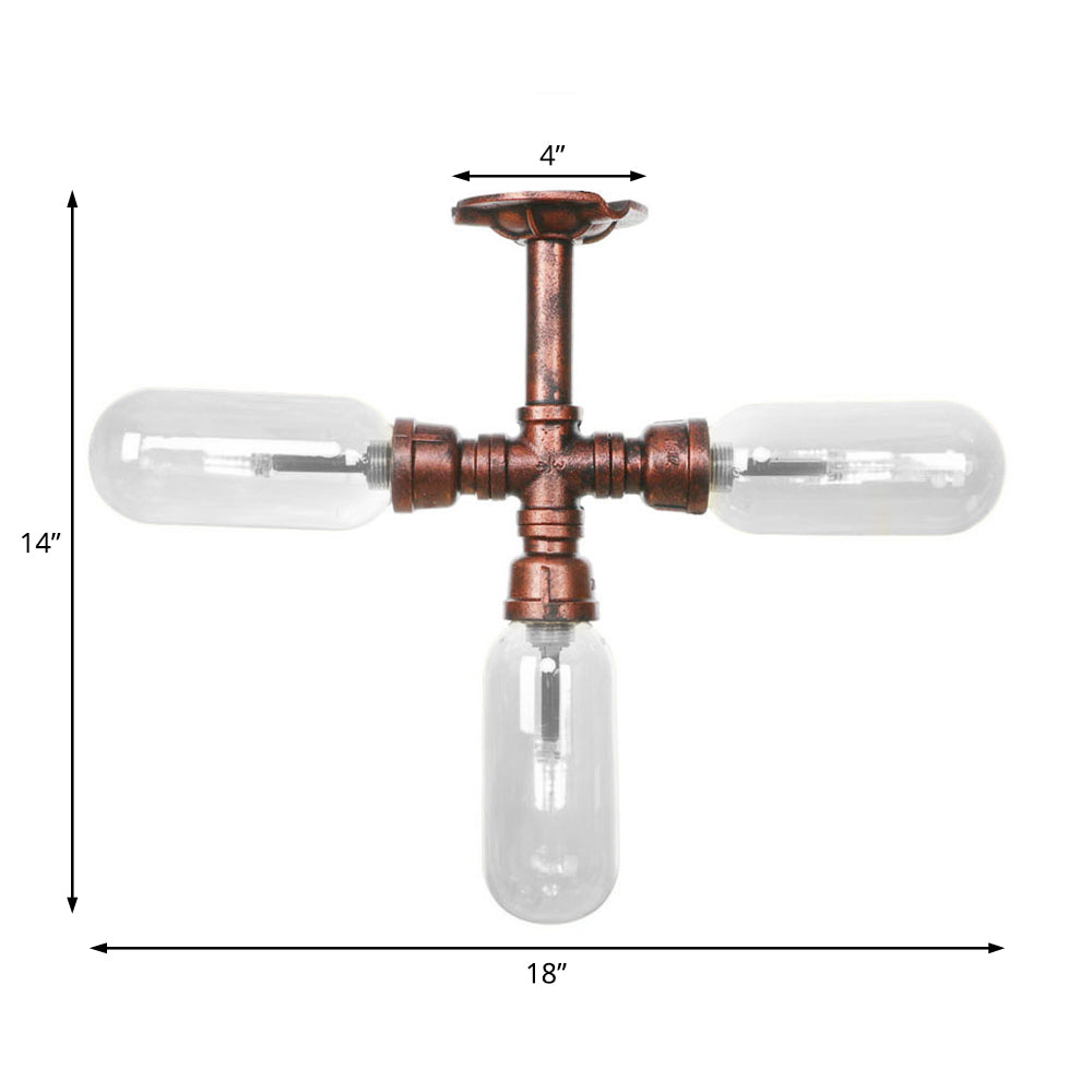 Industrial Weathered Copper Semi Mount Indoor Ceiling Light With Clear Glass And Pipe Design -