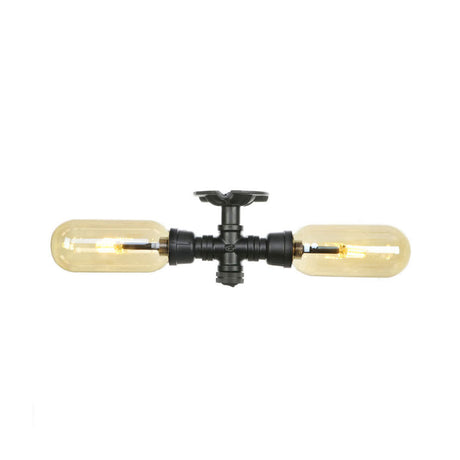 Rustic 2-Bulb Amber Glass Semi Mount Ceiling Light In Matte Black - Dining Room Lighting With Oval
