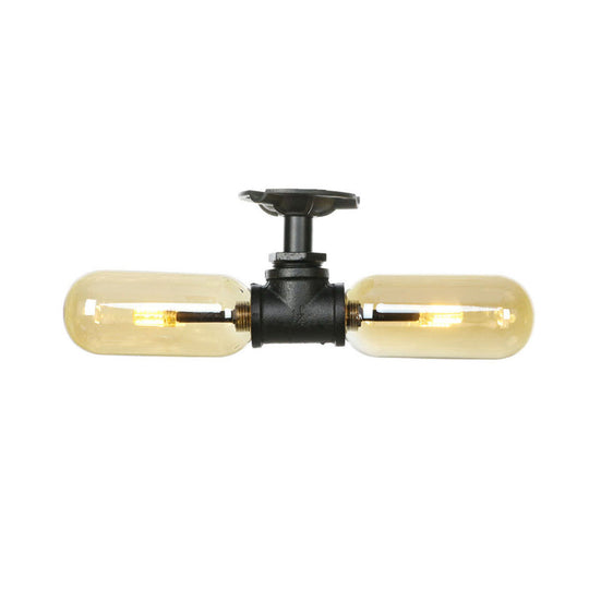 Rustic 2 - Bulb Amber Glass Semi Mount Ceiling Light In Matte Black - Dining Room Lighting With