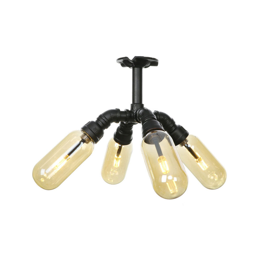 Rustic Amber Glass Ceiling Light With Semi - Flush Design - 4/5/6 Bulbs Matte Black Finish And Pipe