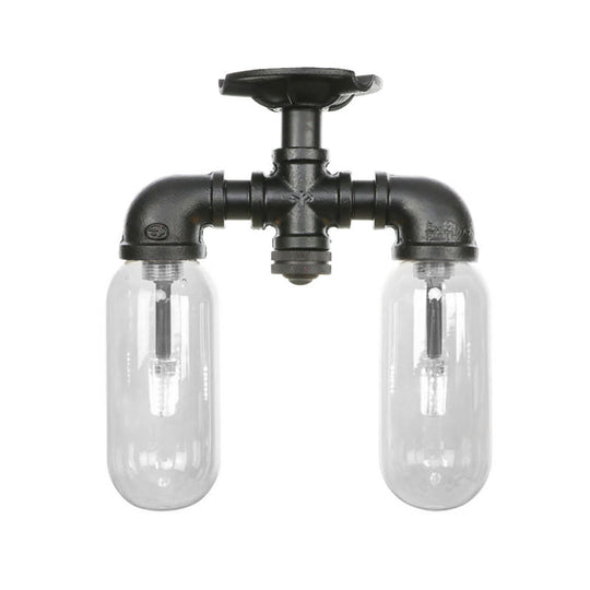 Vintage Matte Black Semi Mount Ceiling Light With Clear Glass Shades - 2-Light Capsule Design