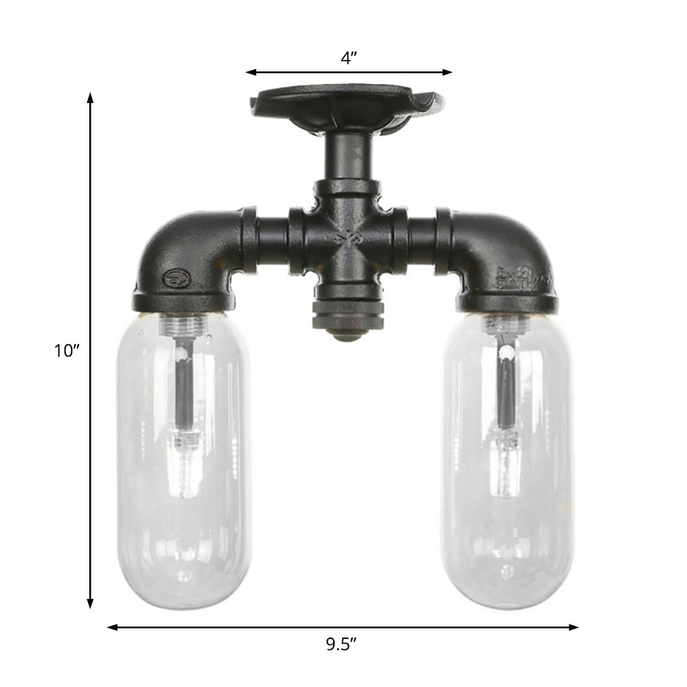 Vintage Matte Black Semi Mount Ceiling Light With Clear Glass Shades - 2-Light Capsule Design
