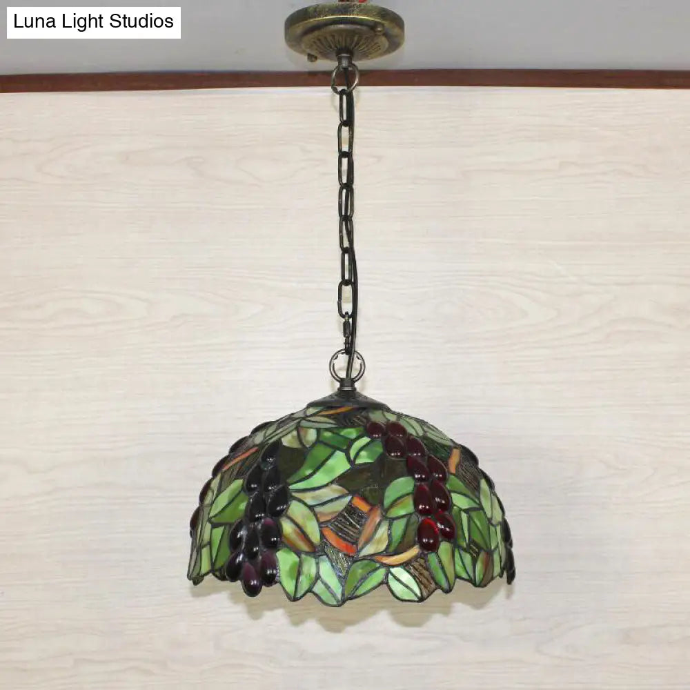 Grape Stained Glass Pendant Light With Decorative Dome Shade For Suspended Lighting