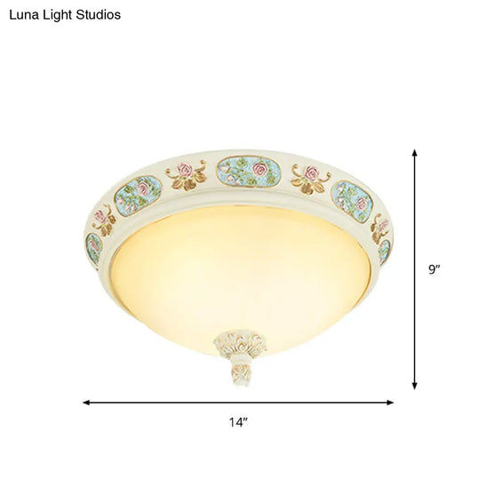 2/3-Head Flush Mount Opaline Glass Dome Ceiling Light With Flower Decor In Blue And White 14/19 Wide