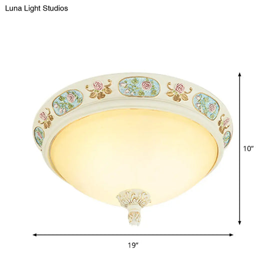 2/3-Head Flush Mount Opaline Glass Dome Ceiling Light With Flower Decor In Blue And White 14/19 Wide