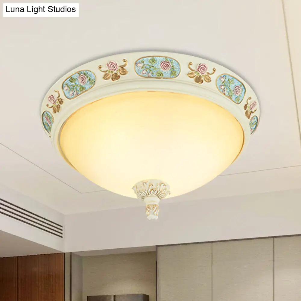 2/3-Head Flush Mount Opaline Glass Dome Ceiling Light With Flower Decor In Blue And White 14/19 Wide