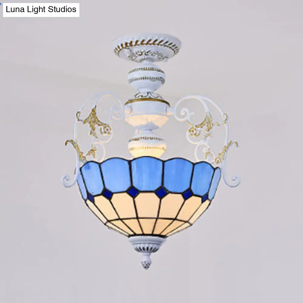 2-Bulb Bowl Semi Flush Light In White With Tiffany Stained Glass Various Colors / Blue Square