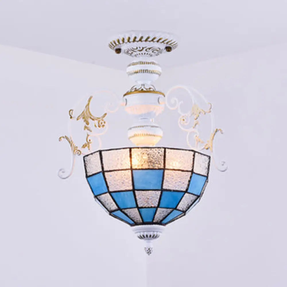 2-Bulb Bowl Semi Flush Light In White With Tiffany Stained Glass Various Colors / Blue Diamond