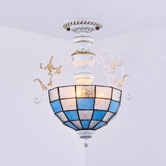 2-Bulb Bowl Semi Flush Light In White With Tiffany Stained Glass Various Colors / Blue Diamond