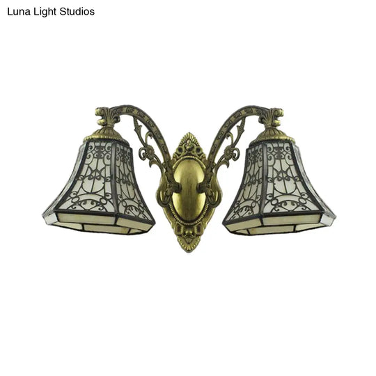 2-Head Beige Glass Bell Wall Sconce With Rustic Lodge Fence Design