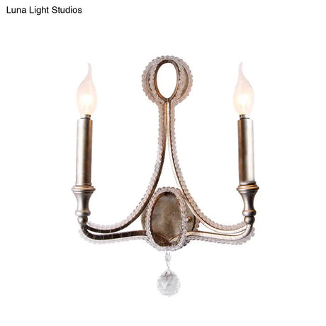 2-Head Retro Loft Fabric Wall Light - Conical Sconce With Crystal Beaded Strand Aged Silver