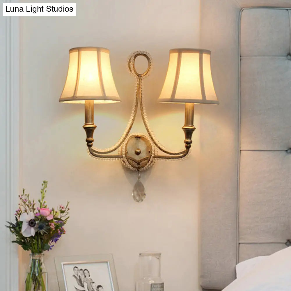 2-Head Retro Loft Fabric Wall Light - Conical Sconce With Crystal Beaded Strand Aged Silver