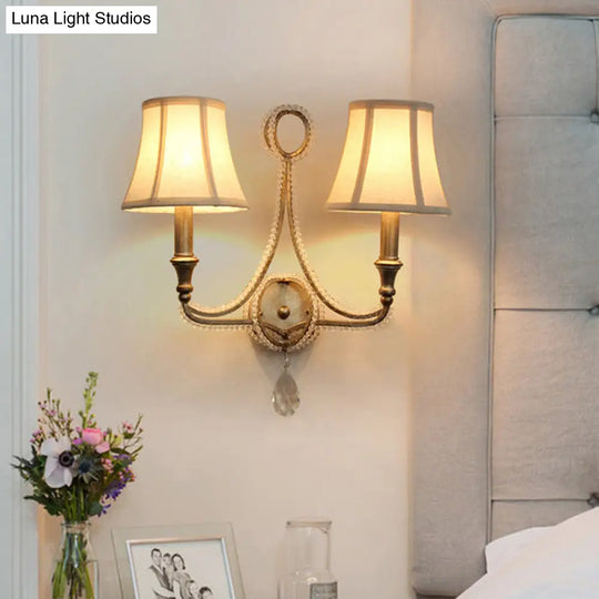 2-Head Retro Loft Fabric Wall Light - Conical Sconce With Crystal Beaded Strand Aged Silver