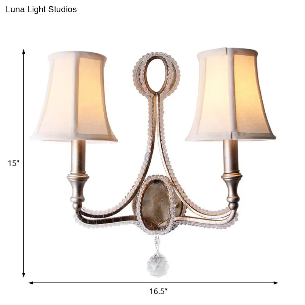 2-Head Retro Loft Fabric Wall Light - Conical Sconce With Crystal Beaded Strand Aged Silver