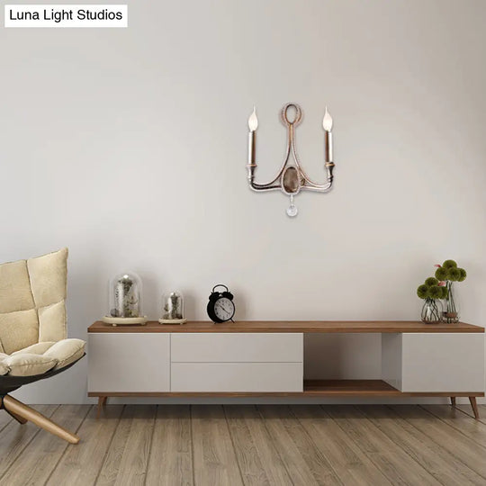 2-Head Retro Loft Fabric Wall Light - Conical Sconce With Crystal Beaded Strand Aged Silver