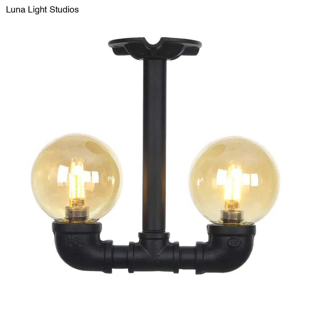 2 - Head Semi - Flush Industrial Ball Amber Glass Ceiling Fixture In Black