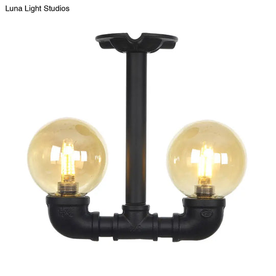 2 - Head Semi - Flush Industrial Ball Amber Glass Ceiling Fixture In Black