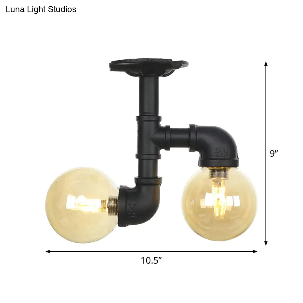 2 - Head Semi - Flush Industrial Ball Amber Glass Ceiling Fixture In Black