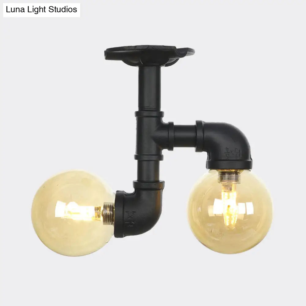 2 - Head Semi - Flush Industrial Ball Amber Glass Ceiling Fixture In Black