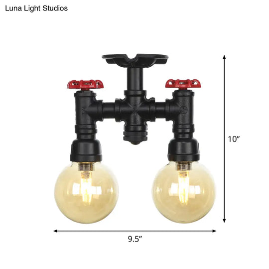 2 - Head Semi - Flush Industrial Ball Amber Glass Ceiling Fixture In Black