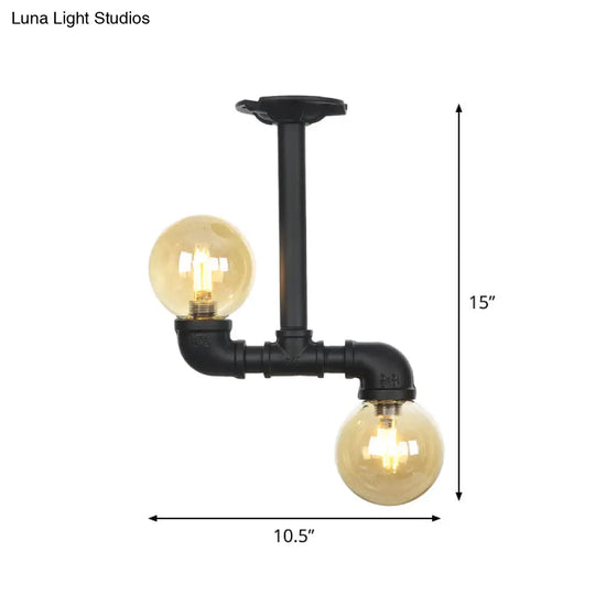 2 - Head Semi - Flush Industrial Ball Amber Glass Ceiling Fixture In Black