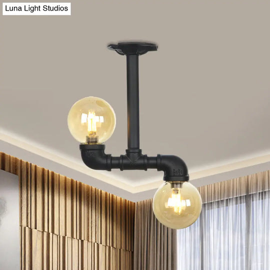 2 - Head Semi - Flush Industrial Ball Amber Glass Ceiling Fixture In Black