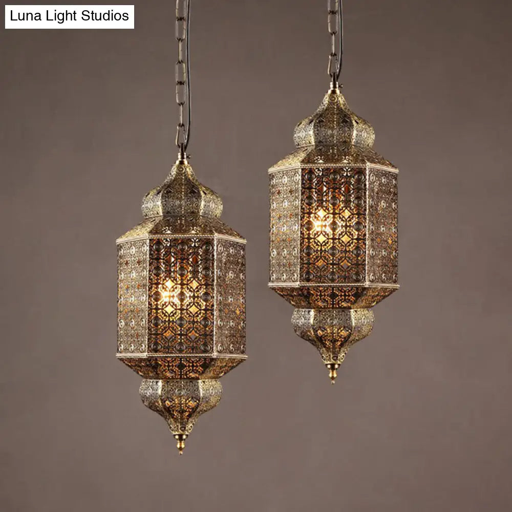 2-Head South-East Asia Cut-Out Hanging Lamp: Iron Ceiling Lighting In Bronze For Restaurants