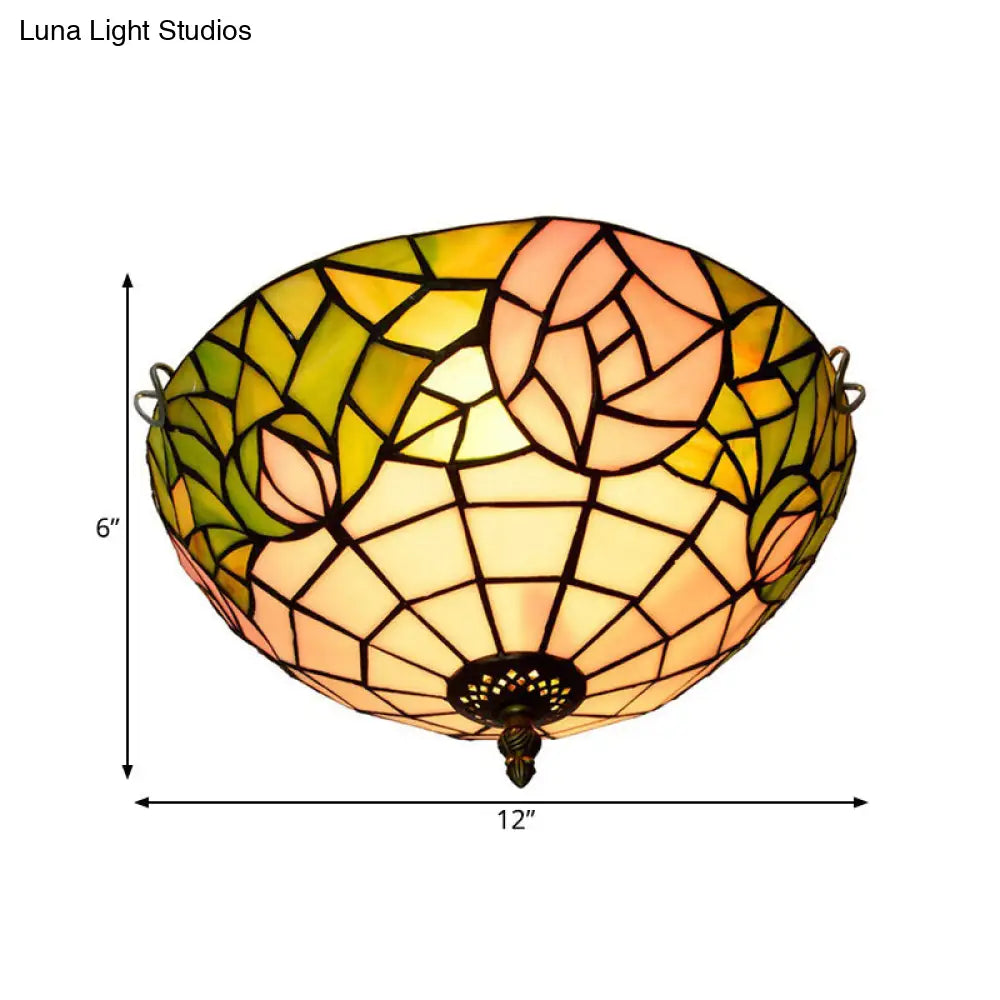 2-Head Tiffany-Style Stained Glass Rose Ceiling Flush Mount For Bedroom