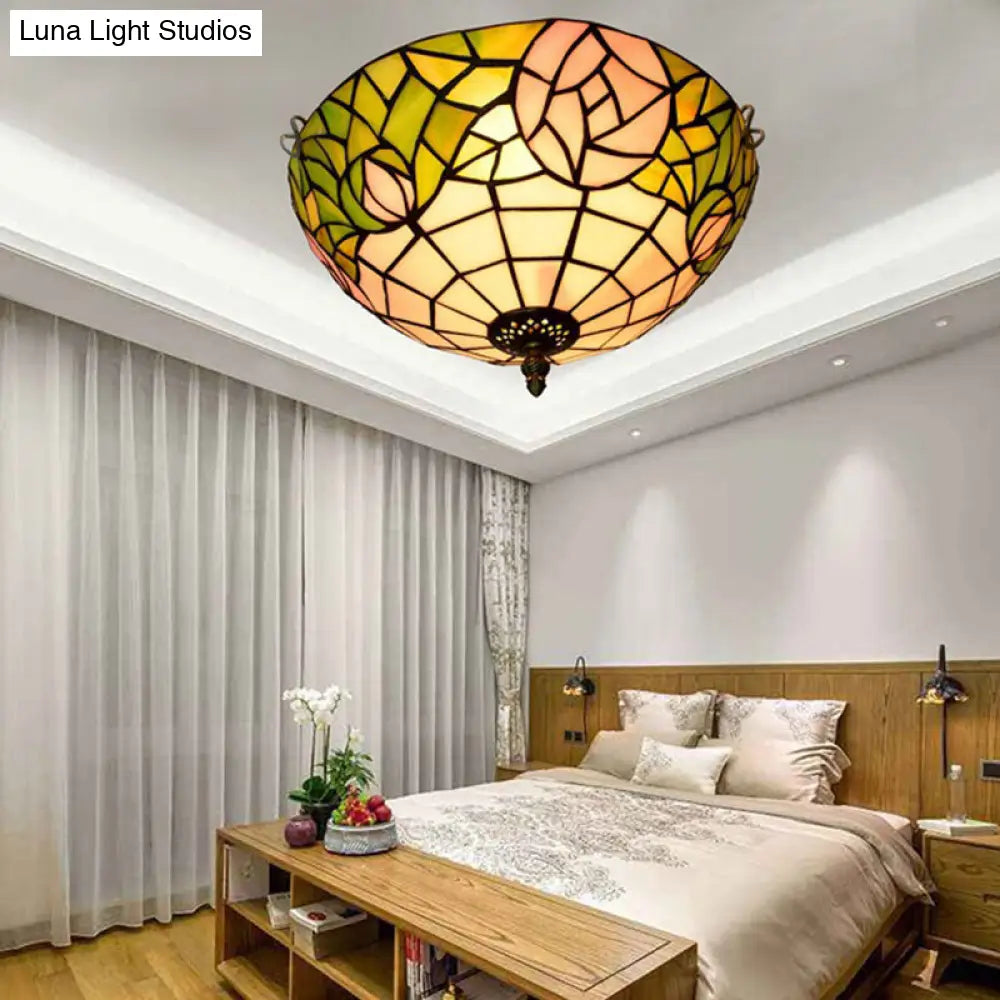 2-Head Tiffany-Style Stained Glass Rose Ceiling Flush Mount For Bedroom Bronze