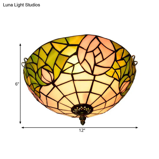 2-Head Tiffany-Style Stained Glass Rose Ceiling Flush Mount For Bedroom
