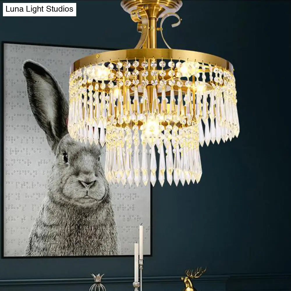 2-Layer Semi Flush Crystal Ceiling Lamp With 6 Bulbs - Modernist Cut Brushed Brass Finish