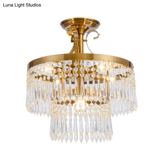 2-Layer Semi Flush Crystal Ceiling Lamp With 6 Bulbs - Modernist Cut Brushed Brass Finish