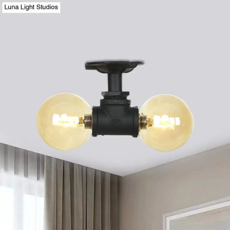 2 - Light Amber Glass Semi Flush Antiqued Black Sphere Ceiling Lamp