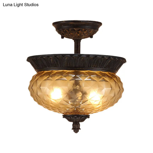 2-Light Countryside Black Semi Flush Ceiling Light With Prismatic Glass - Ideal For Dining Room