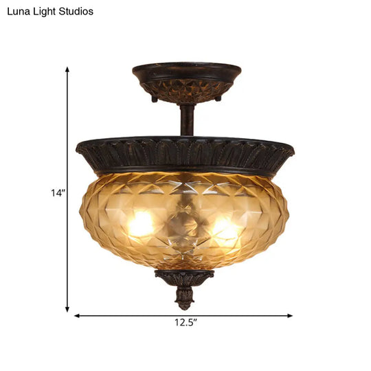2-Light Countryside Black Semi Flush Ceiling Light With Prismatic Glass - Ideal For Dining Room
