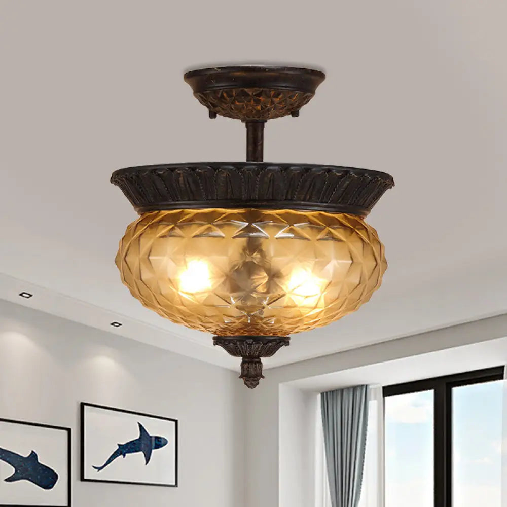 2 - Light Countryside Black Semi Flush Ceiling Light With Prismatic Glass - Ideal For Dining Room