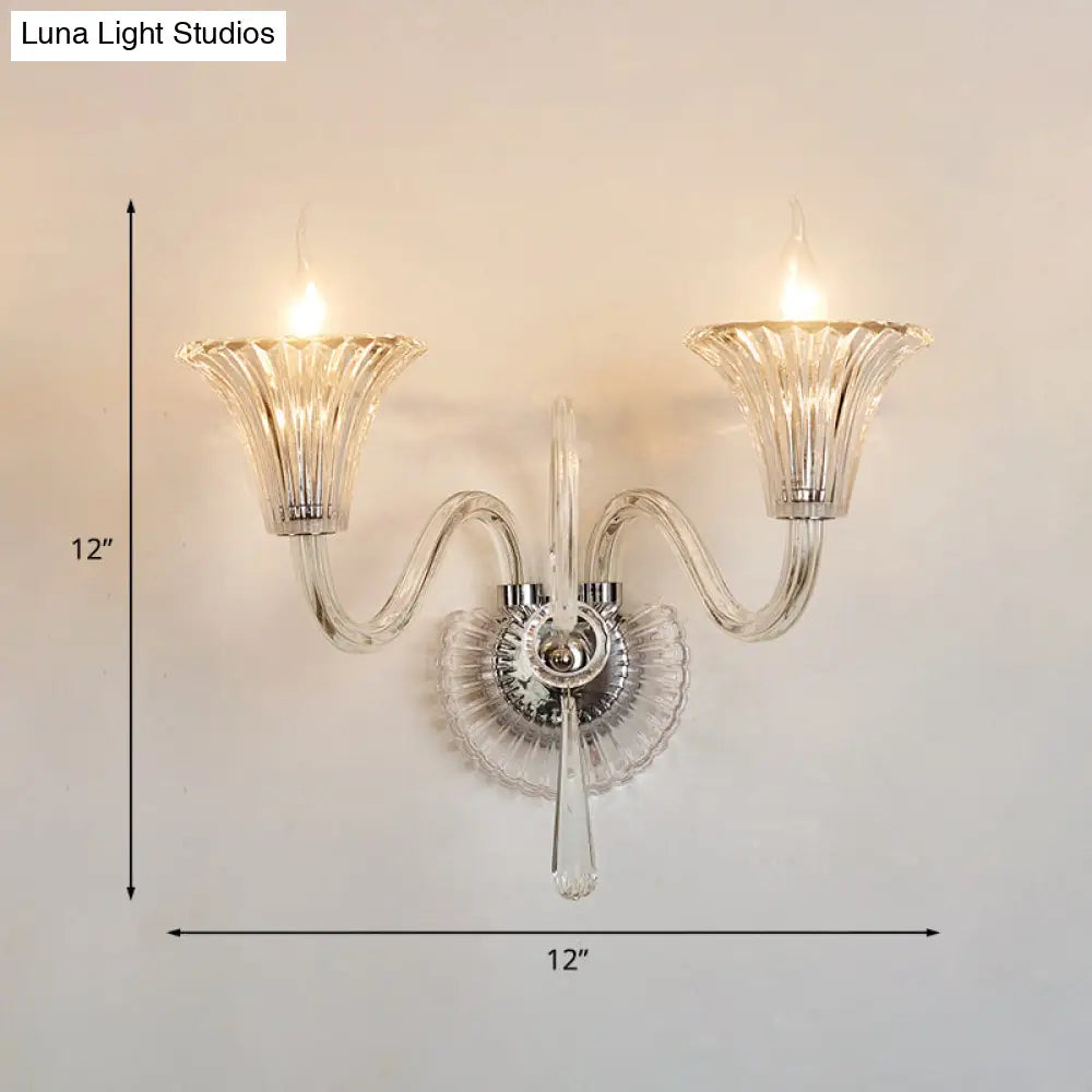 2-Light Modern Flared Wall Lamp With Clear Glass And Crystal Accent
