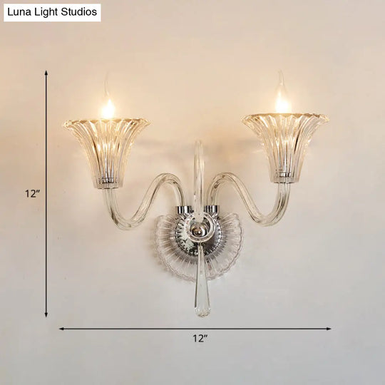 2-Light Modern Flared Wall Lamp With Clear Glass And Crystal Accent