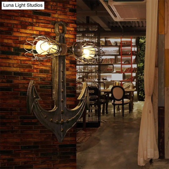 2-Light Nautical Industrial Wall Lamp: Anchor Design Wrought Iron Sconce Lighting For Restaurants