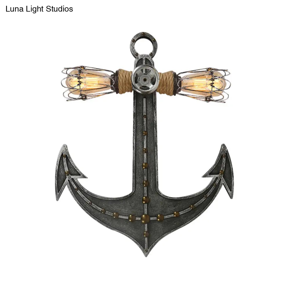 2-Light Nautical Industrial Wall Lamp: Anchor Design Wrought Iron Sconce Lighting For Restaurants