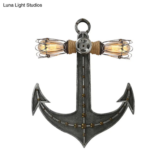 2-Light Nautical Industrial Wall Lamp: Anchor Design Wrought Iron Sconce Lighting For Restaurants