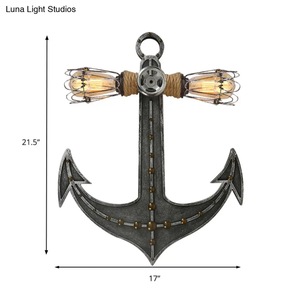 2-Light Nautical Industrial Wall Lamp: Anchor Design Wrought Iron Sconce Lighting For Restaurants