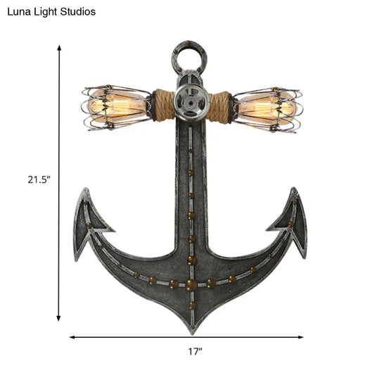 2-Light Nautical Industrial Wall Lamp: Anchor Design Wrought Iron Sconce Lighting For Restaurants