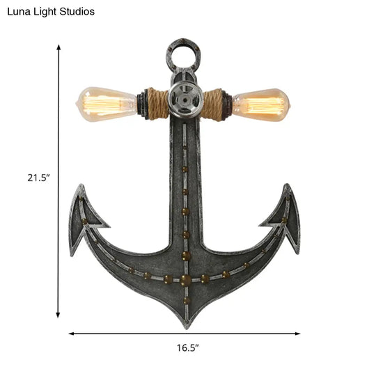 2-Light Nautical Industrial Wall Lamp: Anchor Design Wrought Iron Sconce Lighting For Restaurants