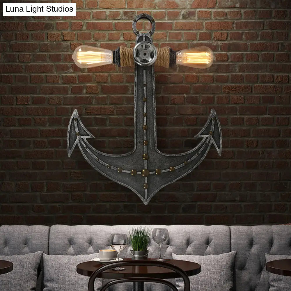 2-Light Nautical Industrial Wall Lamp: Anchor Design Wrought Iron Sconce Lighting For Restaurants