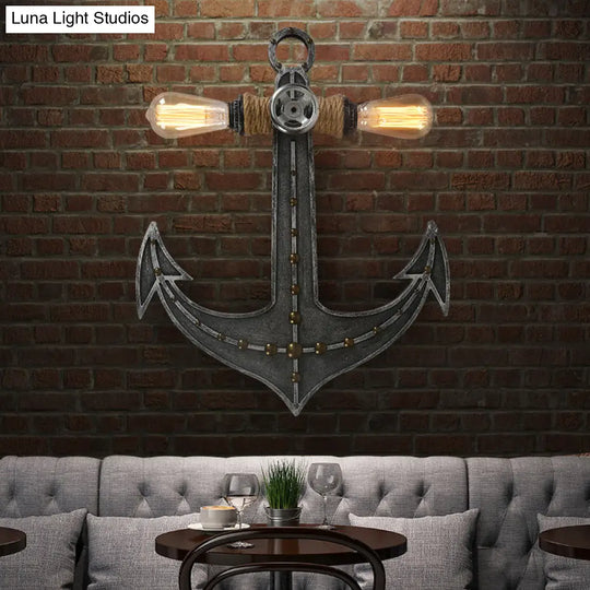 2-Light Nautical Industrial Wall Lamp: Anchor Design Wrought Iron Sconce Lighting For Restaurants