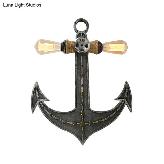 2-Light Nautical Industrial Wall Lamp: Anchor Design Wrought Iron Sconce Lighting For Restaurants